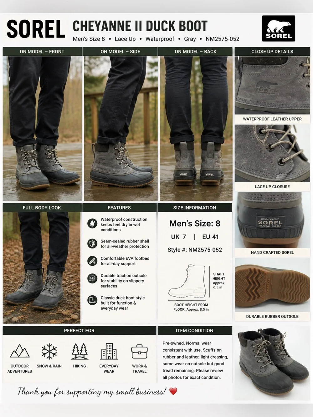 SOREL Cheyanne II Duck Boots Men’s 8 Gray Waterproof Lace Up NM2575-052